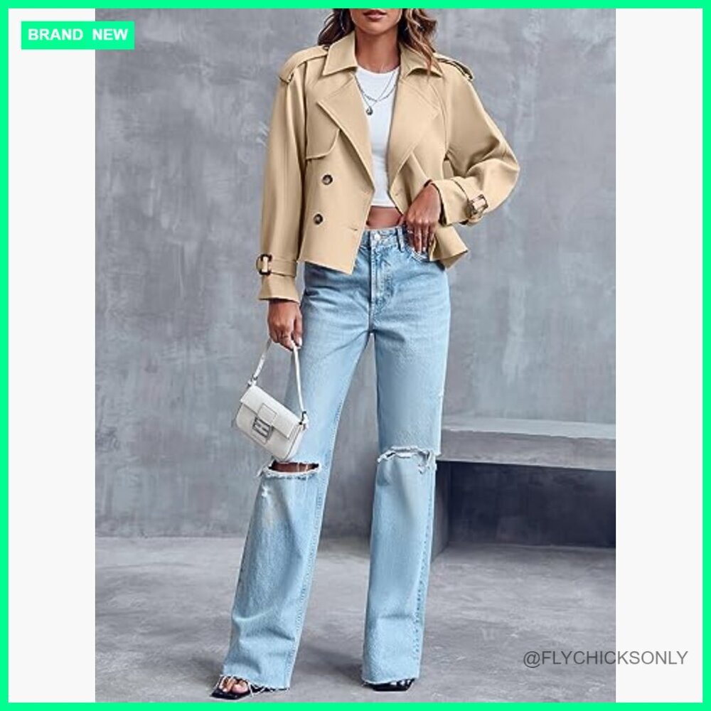 Double Breasted Trench Coat Cropped Jacket with Pockets - Picture 4 of 7